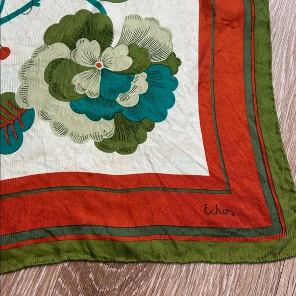 Echo floral silk square scarf, green/orange/teal - Picture 4 of 7